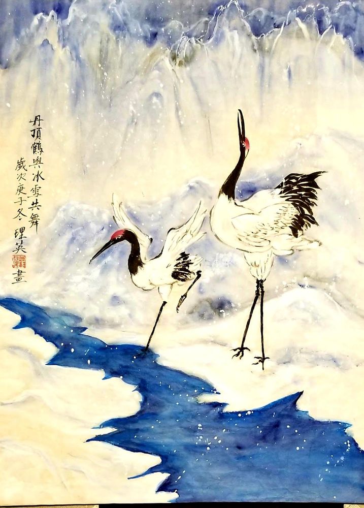 Red-Crowned Cranes in Snow — Lii Ying Chen